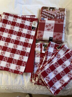 Cherry Check Tablecloth, Placemats and Dish Towels NEW with Tags